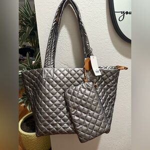 Quilted Silver Tote Bag with Pouch